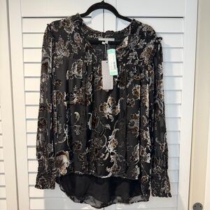 New‎ Floral Textured Tunic Blouse Long Sleeve Smocked Cuffs Daniel Rainn